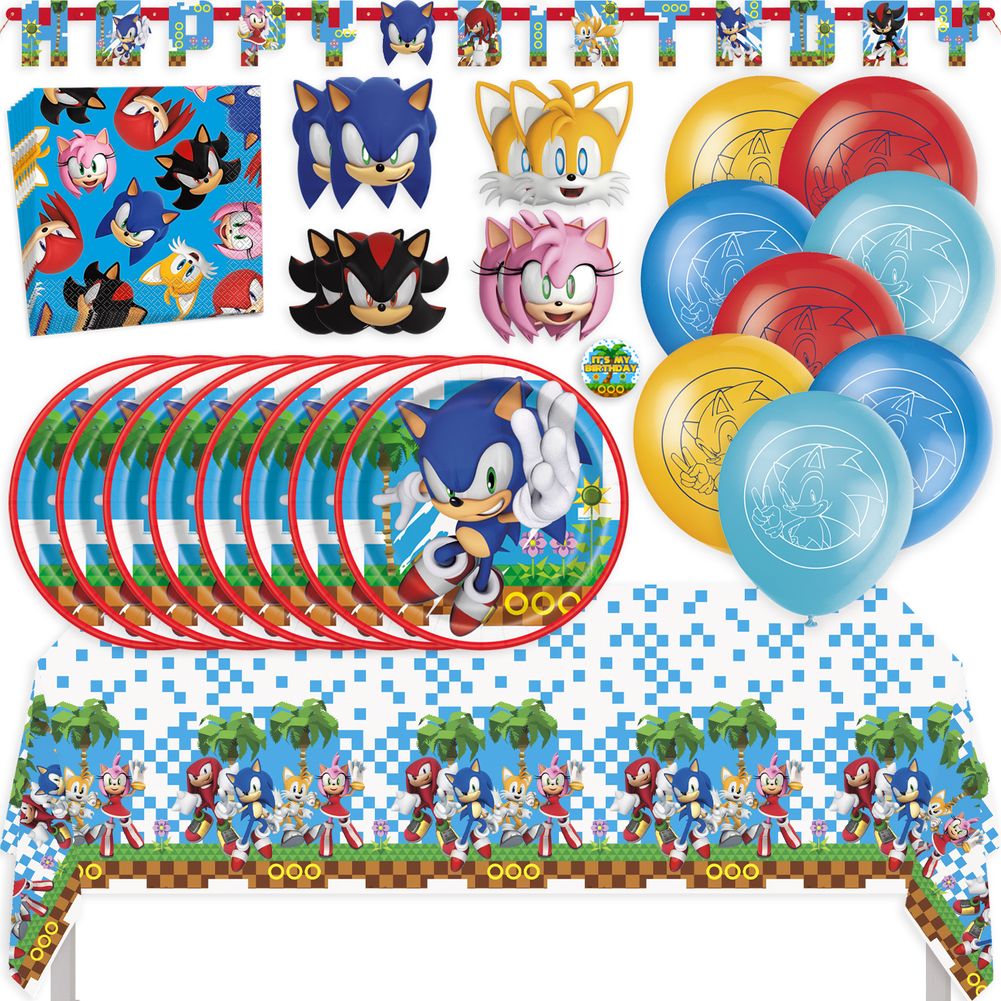 Sonic Birthday Party Kit with Tablecloth, Plates, Napkins, Balloons, Banner, Masks, & Sticker