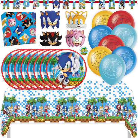 Sonic Birthday Party Kit for 16 – 9 Inch Plates, Napkins, Table Cover, Banner, Party Masks and Balloons (58 pc)