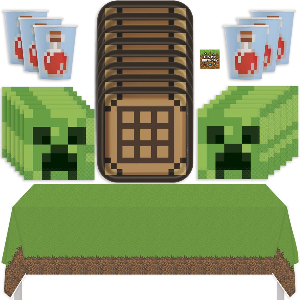 Minecraft Kit with 9" Plates, Luncheon Napkins,  Cups, & Tablecover