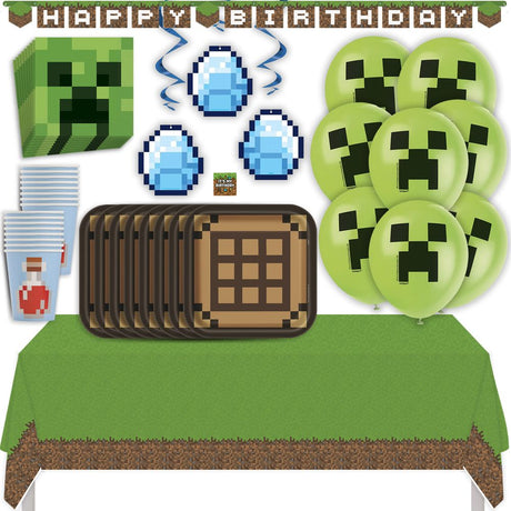 Minecraft Birthday Party Kit for 16 – 9 Inch Plates, Napkins, Table Cover, Cups, Banner, Balloons and Swirl Decorations (61 pc)