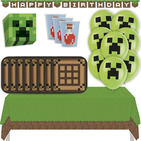 Minecraft Birthday Party Kit for 16 – 9 Inch Plates, Napkins, Table Cover, Cups, Banner and Balloons (58 pc)