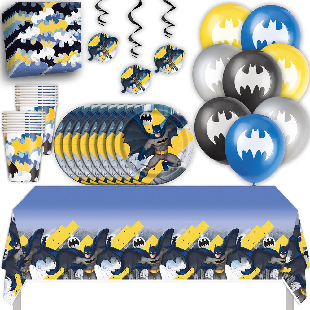 Batman Birthday Party Supplies with Tablecloth, Plates, Napkins, Cups, Balloons, Swirls, Party Decorations, Fun Birthday Kit for Parties