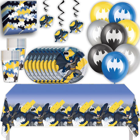Batman Birthday Party Kit for 16 – 9 Inch Plates, Napkins, Table Cover, Cups, Banner, Balloons and Swirl Decorations (61 pc)