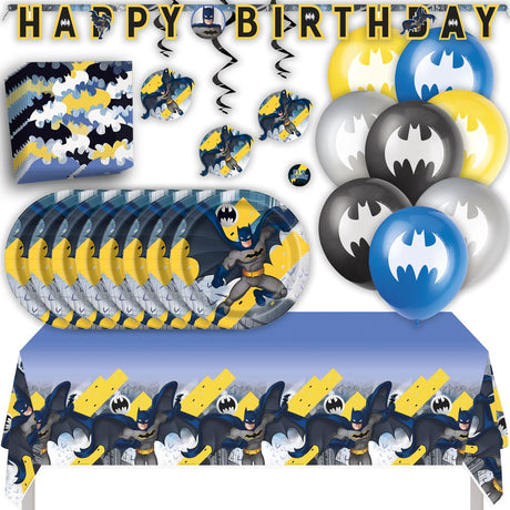 Batman Birthday Party Kit for 16 – 9 Inch Plates, Napkins, Table Cover, Banner, Balloons and Swirl Decorations (45 pc)
