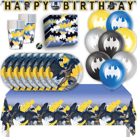 Batman Birthday Party Kit for 16 – 9 Inch Plates, Napkins, Table Cover, Cups, Banner and Balloons (58 pc)