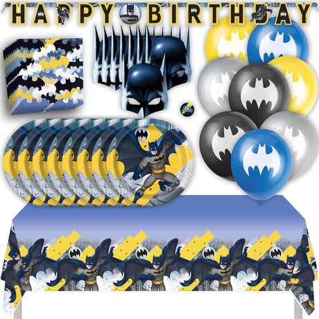 Batman Birthday Party Kit for 16 – 9 Inch Plates, Napkins, Table Cover, Banner, Balloons and Party Masks (58 pc)