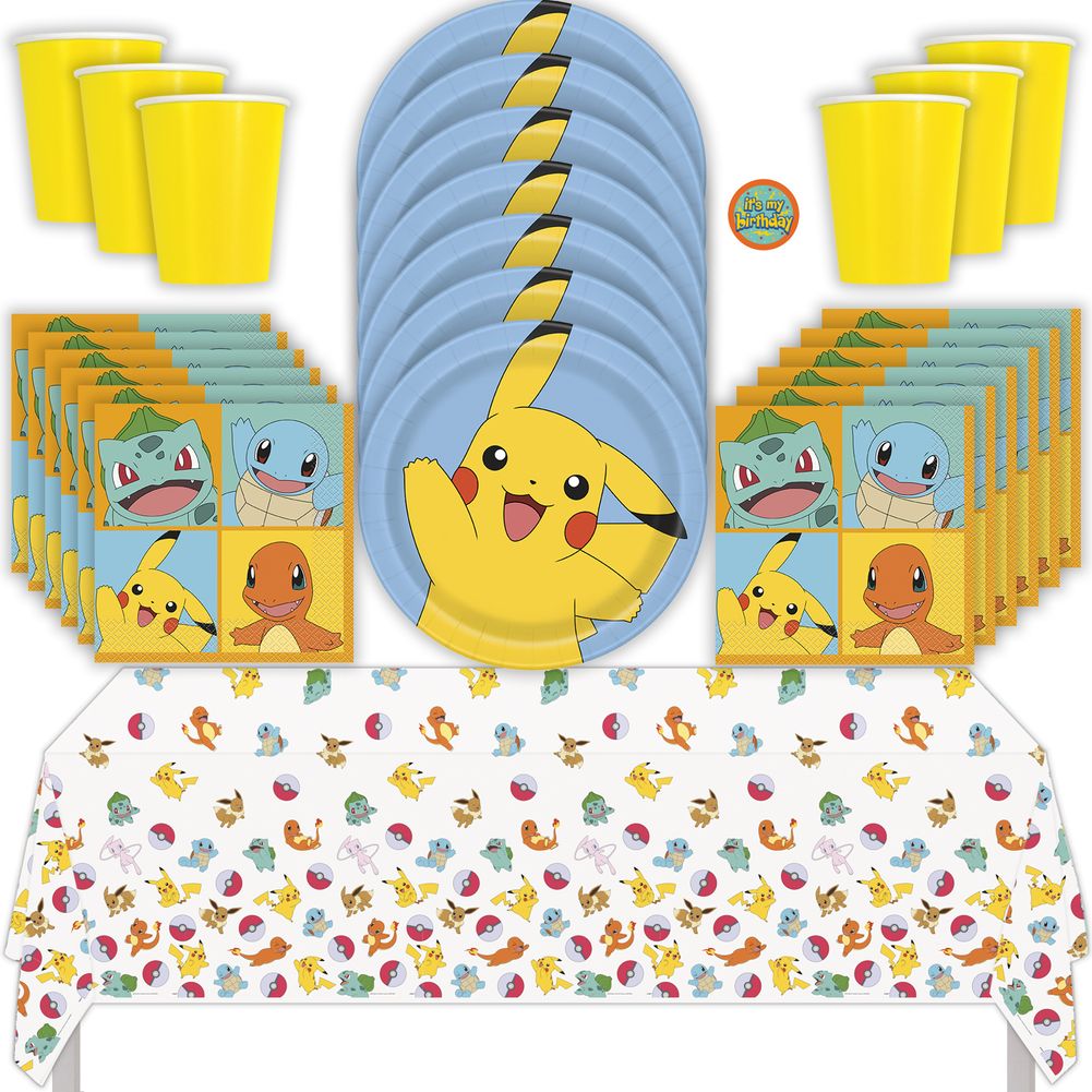 Pokemon Birthday Party Kit with Plates, Napkins, Cups, and Tablecover