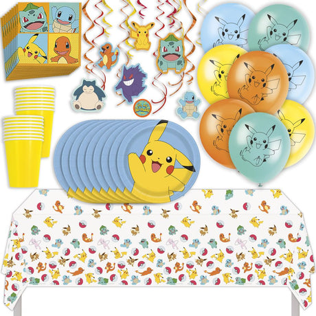 Pokémon Birthday Party Kit for 16 – 9 Inch Plates, Napkins, Table Cover, Cups, Banner, Balloons and Swirl Decorations (74 pc)