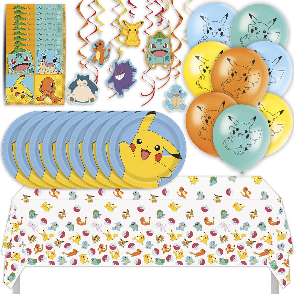 Pokemon Birthday Party Kit with Plates, Napkins, Balloons, Banner, Swirls, and Tablecover