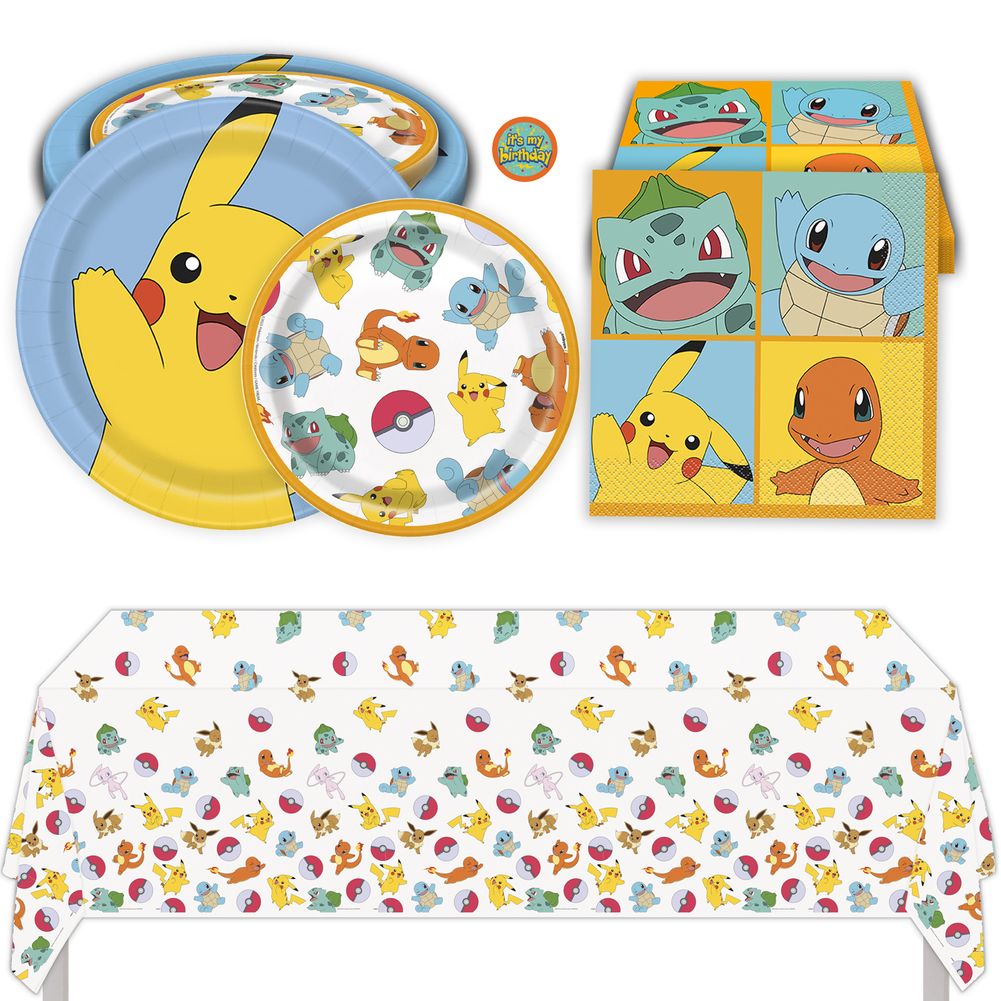 Pokemon Birthday Party Kit with Large Plates, Small Plates, Napkins, Tablecloth, & Sticker