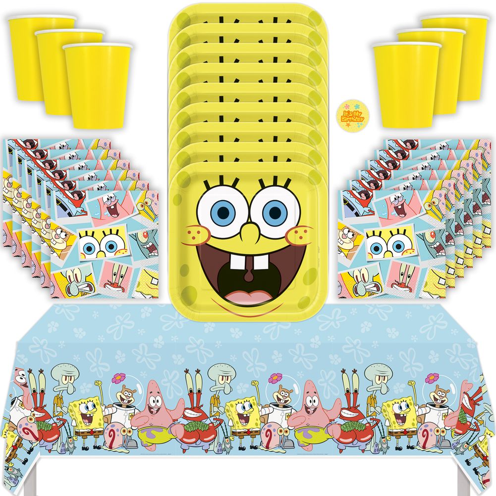 Spongebob Birthday Party Kit with Tablecloth, Plates, Napkins, Cups, & Sticker