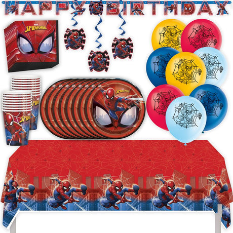 Spider-Man Birthday Party Kit for 16 – 9 Inch Plates, Napkins, Table Cover, Cups, Banner, Balloons and Swirl Decorations (61 pc)