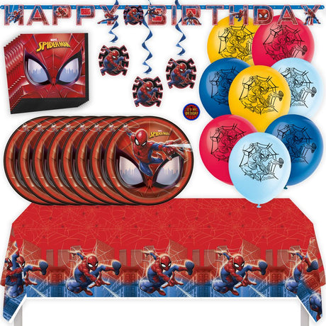 Spider-Man Birthday Party Kit for 16 – 9 Inch Plates, Napkins, Table Cover, Banner, Balloons and Swirl Decorations (45 pc)