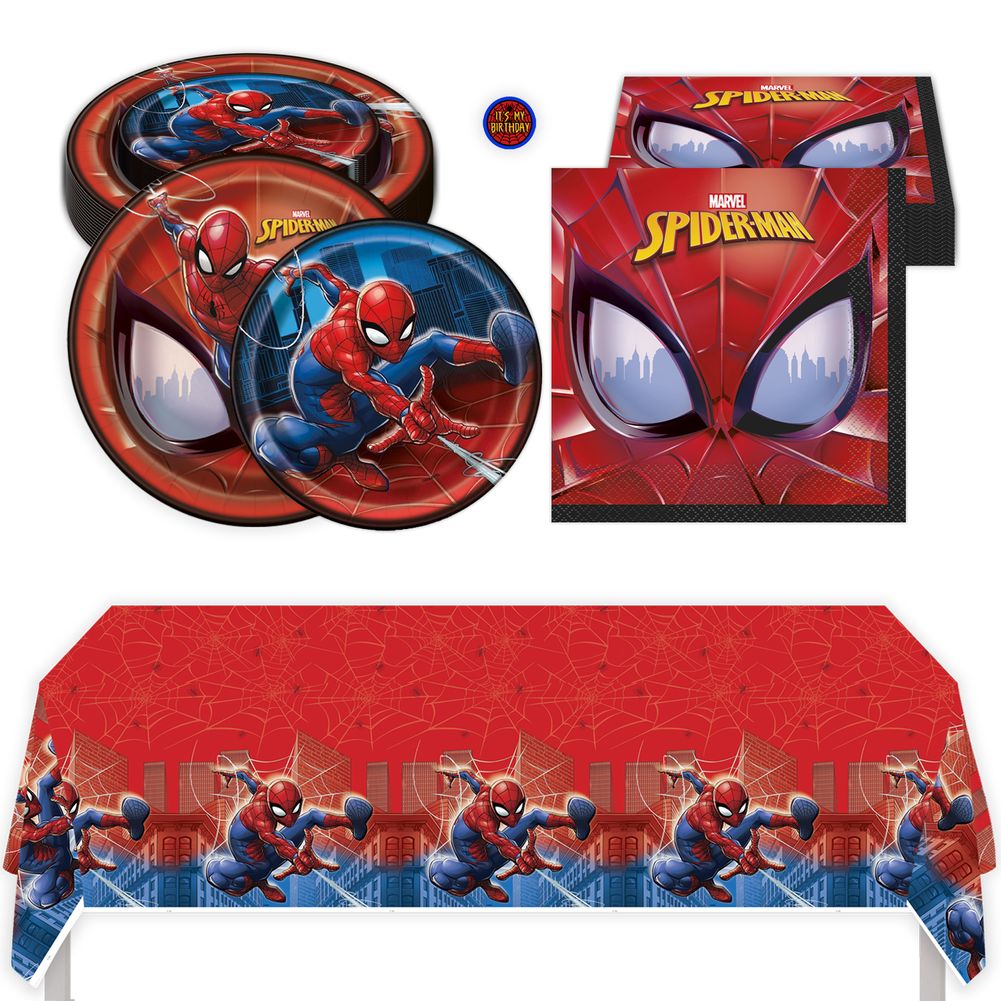 Spiderman Birthday Party Kit with Large Plates, Small Plates, Napkins, Tablecloth, & Sticker