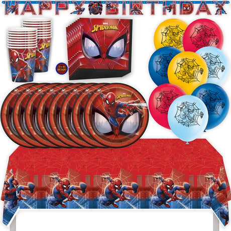 Spider-Man Birthday Party Kit for 16 – 9 Inch Plates, Napkins, Table Cover, Cups, Banner and Balloons (58 pc)