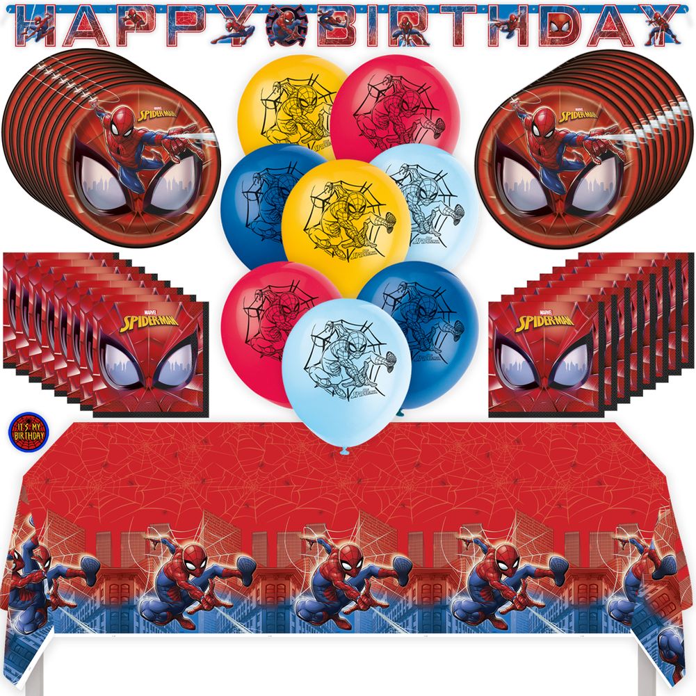 Spiderman Birthday Party Kit with Tablecloth, Plates, Napkins, Cups, Balloons, Banner, & Sticker