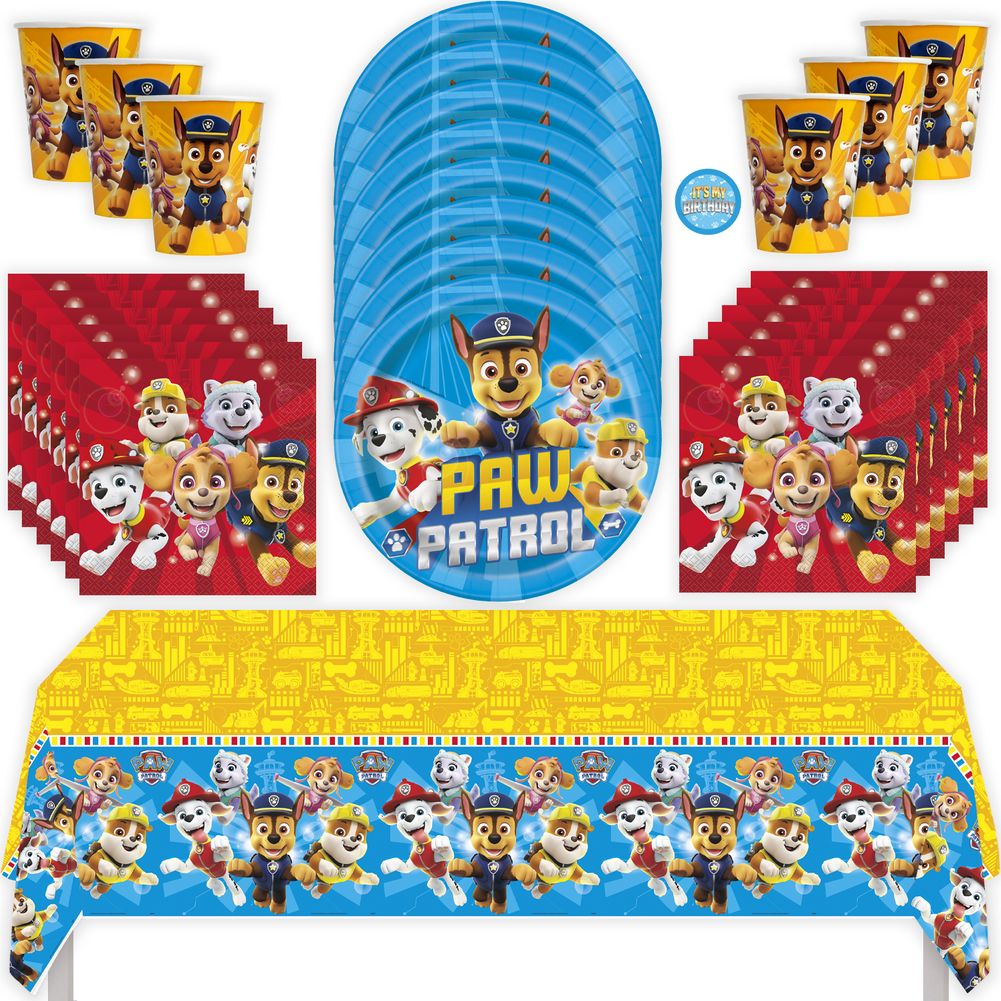 Paw Patrol Birthday Party Kit with Tablecloth, Plates, Napkins, Cups, & Sticker