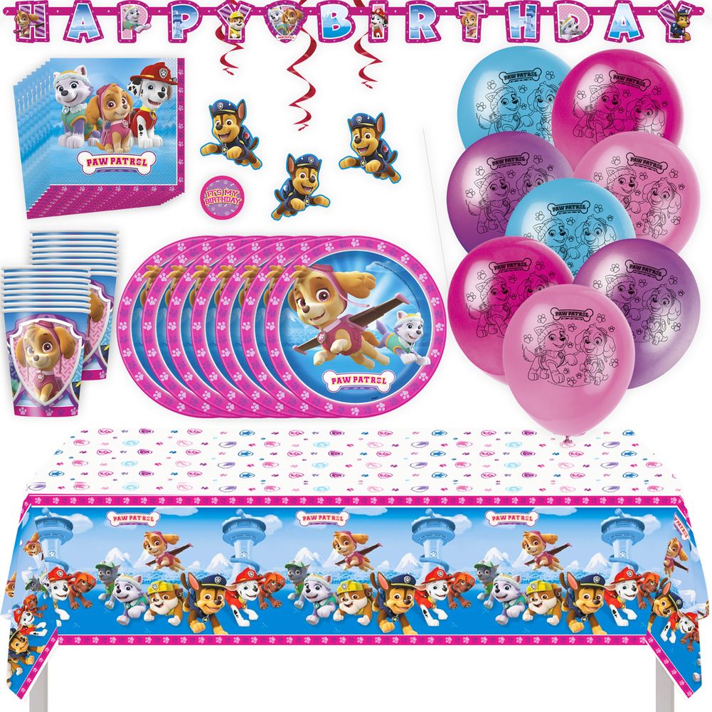 Paw Patrol Girl Birthday Party Kit with Tablecloth, Plates, Napkins, Cups, Balloons, Banner, Swirls, & Sticker