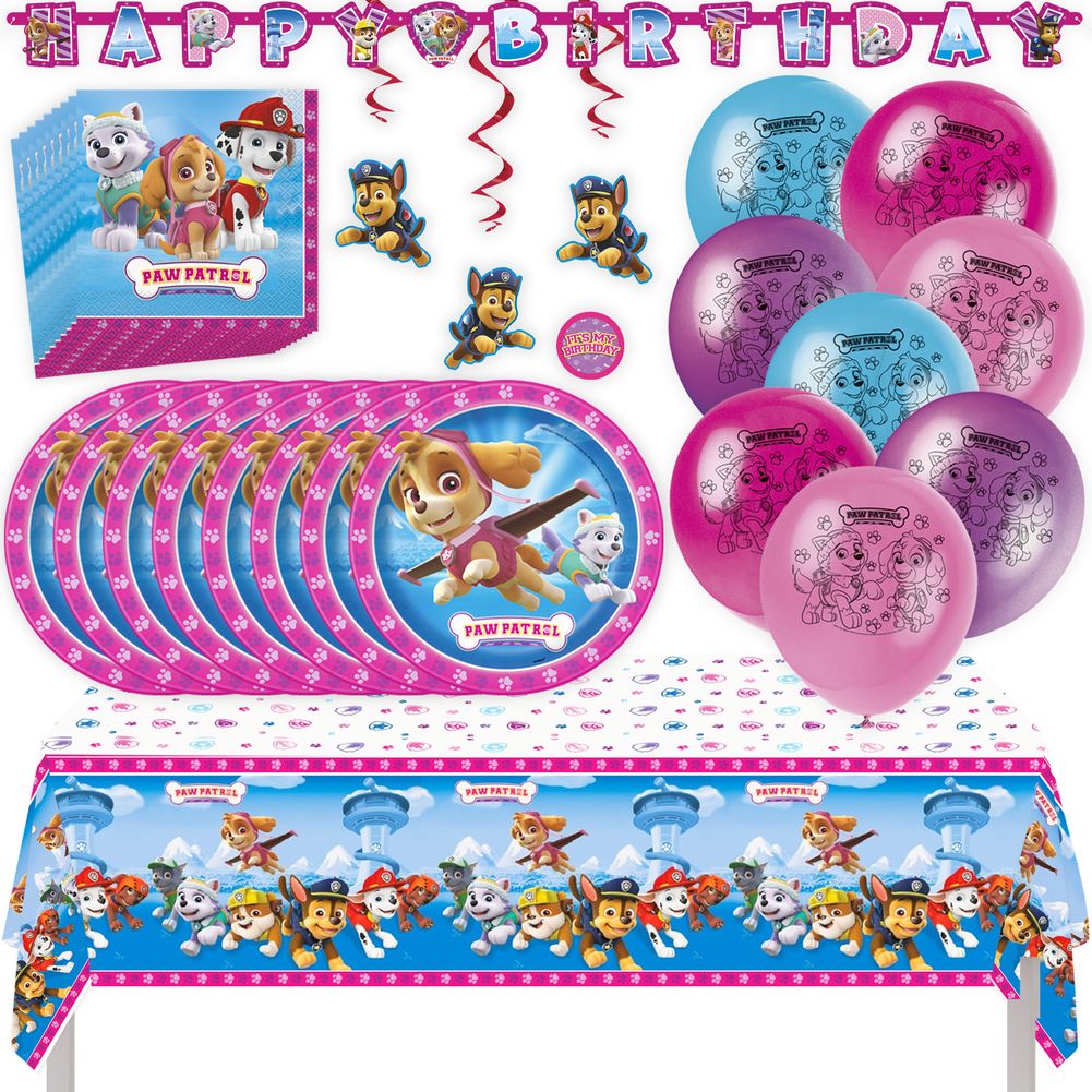 Paw Patrol Girl Birthday Party Kit with Tablecloth, Plates, Napkins, Balloons, Banner, Swirls, & Sticker
