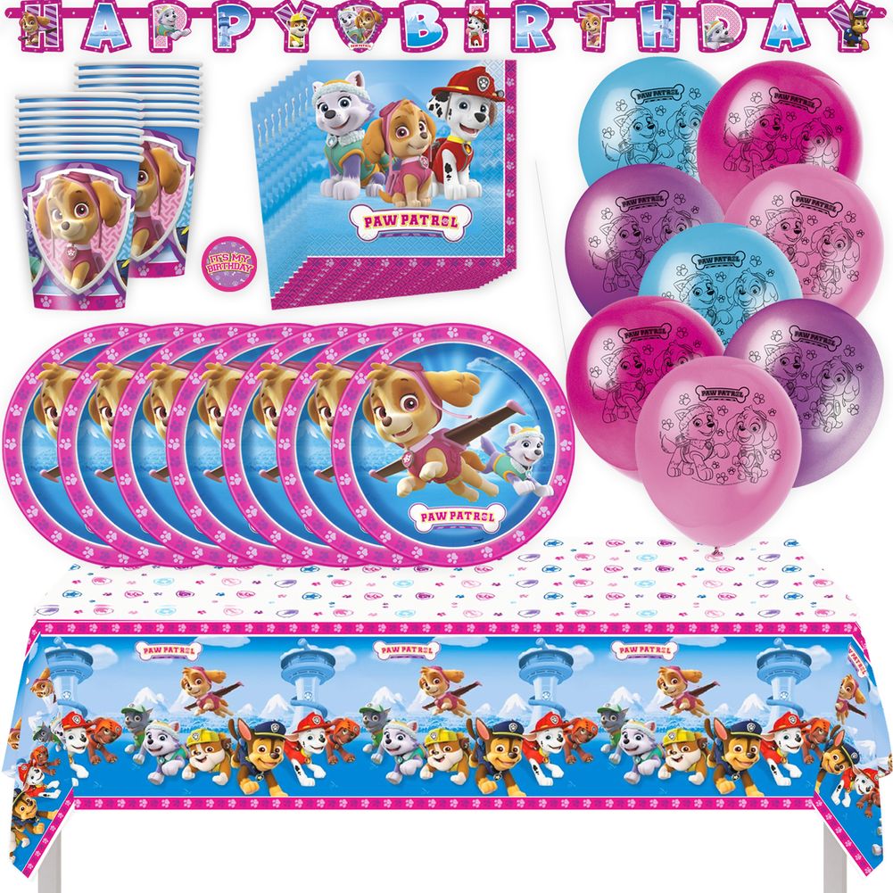 Paw Patrol Girl Birthday Party Kit with Tablecloth, Plates, Napkins, Cups, Balloons, Banner, & Sticker