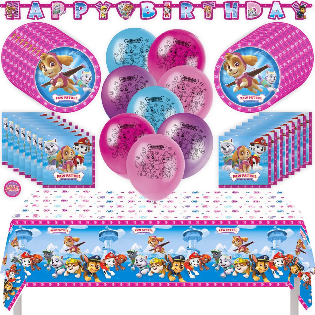Paw Patrol Girl Birthday Party Kit with Tablecloth, Plates, Napkins, Balloons, Banner, & Sticker