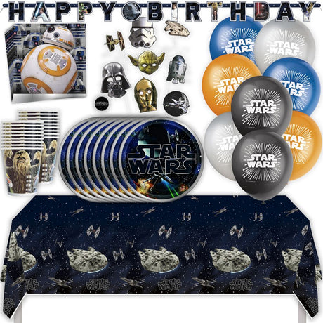 Star Wars Birthday Party Kit for 16 – 9 Inch Plates, Napkins, Table Cover, Cups, Banner, Balloons and Other (66 pc)