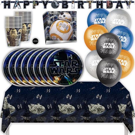 Star Wars Birthday Party Kit for 16 – 9 Inch Plates, Napkins, Table Cover, Cups, Banner and Balloons (58 pc)