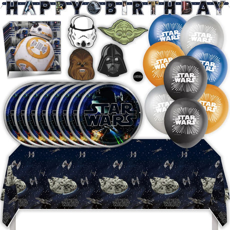Star Wars Birthday Party Kit for 16 – 9 Inch Plates, Napkins, Table Cover, Banner, Balloons and Party Masks (58 pc)