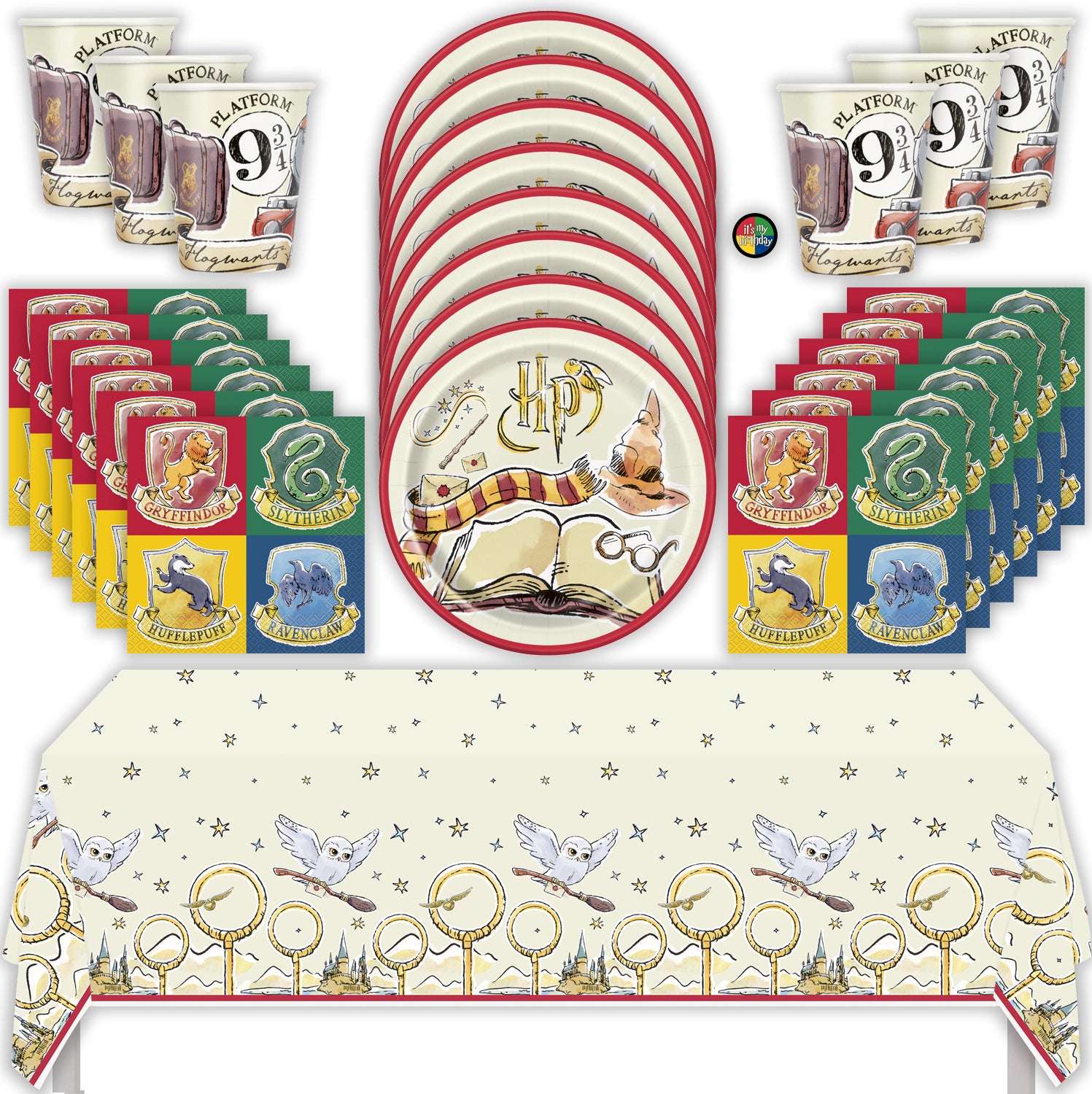 Harry Potter Birthday Party Kit with Tablecloth, Plates, Napkins, Cups, & Sticker