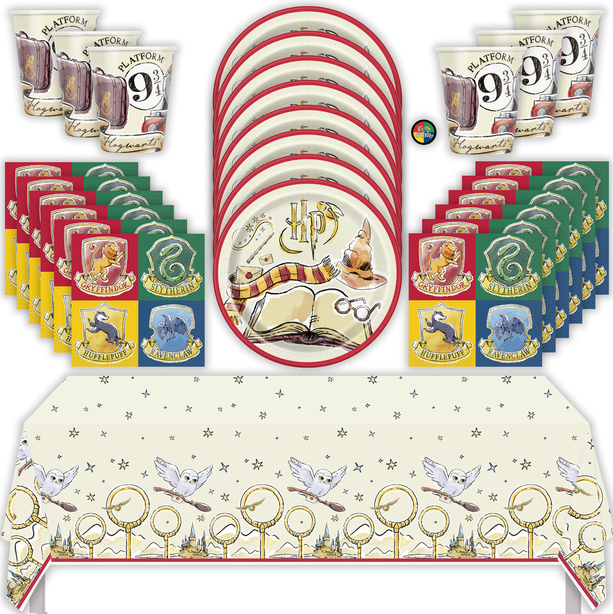 Harry Potter Birthday Party Kit with Tablecloth, Plates, Napkins, Cups, & Sticker