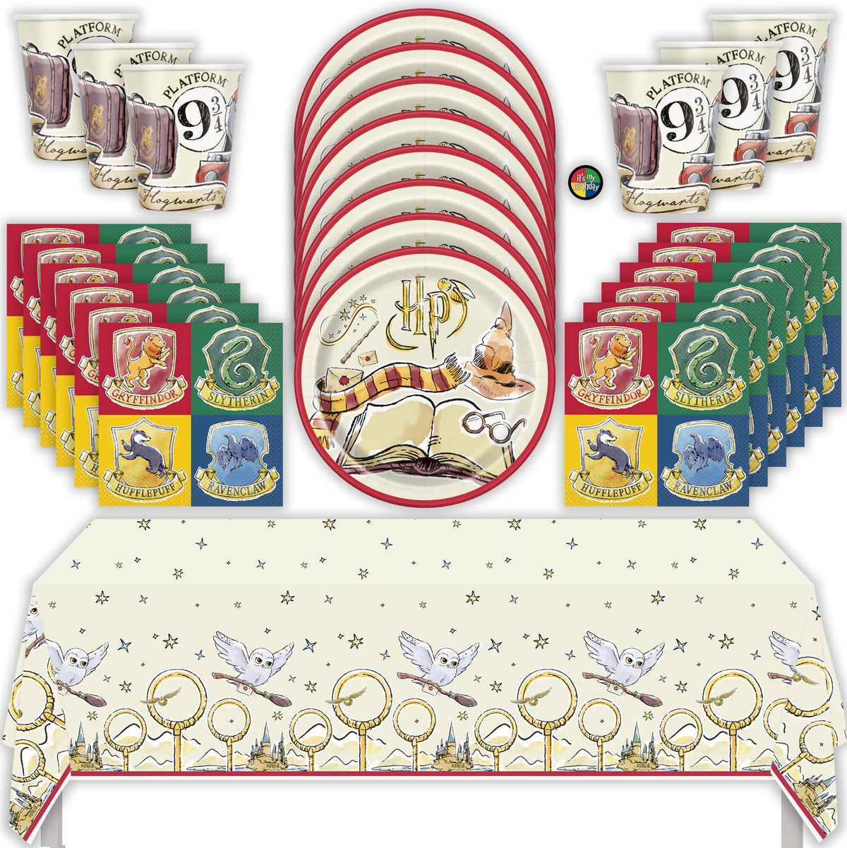 Harry Potter Birthday Party Kit with Tablecloth, Plates, Napkins, Cups, & Sticker