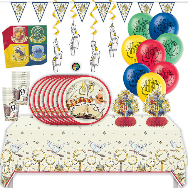 Harry Potter Birthday Party Kit with Tablecloth, Plates, Napkins, Cups, Balloons, Banner, Swirls, & Sticker