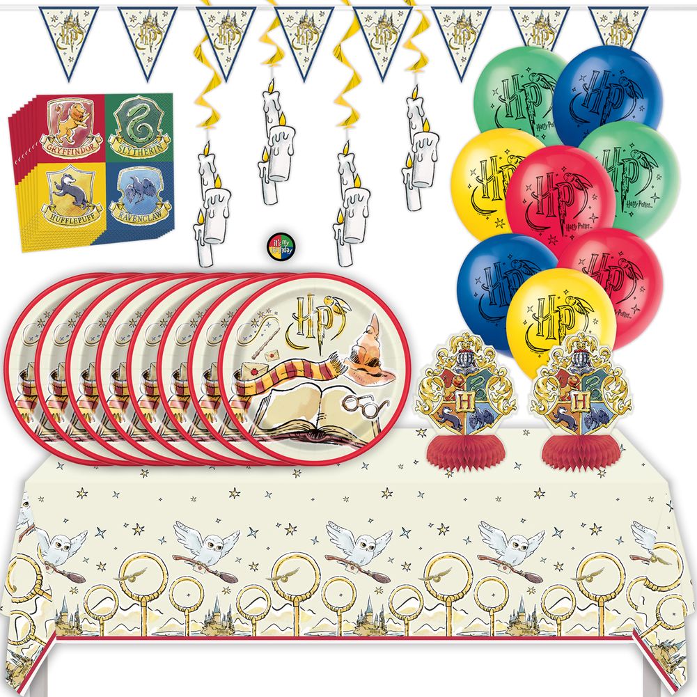 Harry Potter Birthday Party Kit with Tablecloth, Plates, Napkins, Balloons, Banner, Swirls, & Sticker