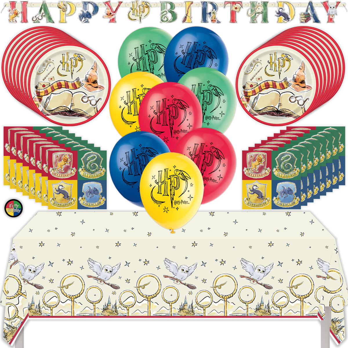 Harry Potter Birthday Party Kit with Tablecloth, Plates, Napkins, Balloons, Banner, & Sticker