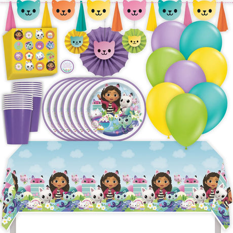 Gabby's Dollhouse Birthday Party Kit for 16 – 9 Inch Plates, Napkins, Table Cover, Cups, Banner, Balloons and Paper Fans (72 pc)
