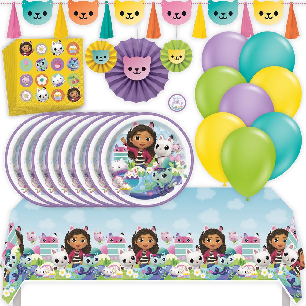 Gabby's Dollhouse Birthday Party Kit with Tablecloth, Plates, Napkins, Balloons, Banner, Fans, & Sticker