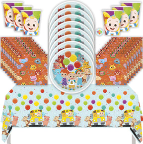 Cocomelon Birthday Party Kit with Tablecloth, Plates, Napkins, Cups, & Sticker
