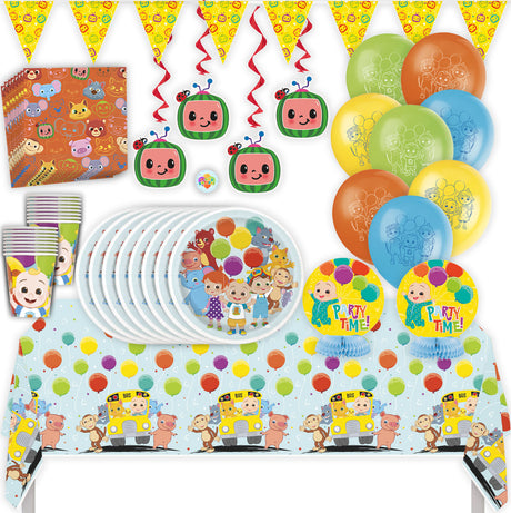 Cocomelon Birthday Party Kit with Tablecloth, Plates, Napkins, Cups, Balloons, Banner, Swirls, Centerpieces, & Sticker