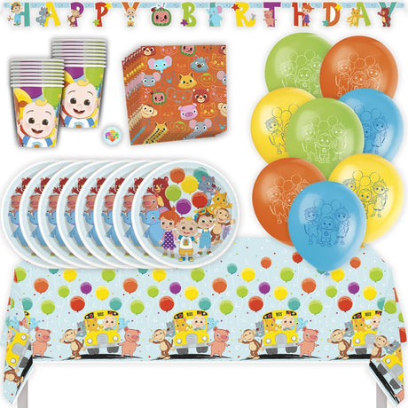 Cocomelon Birthday Party Kit for 16 – 9 Inch Plates, Napkins, Table Cover, Cups, Banner and Balloons (58 pc)