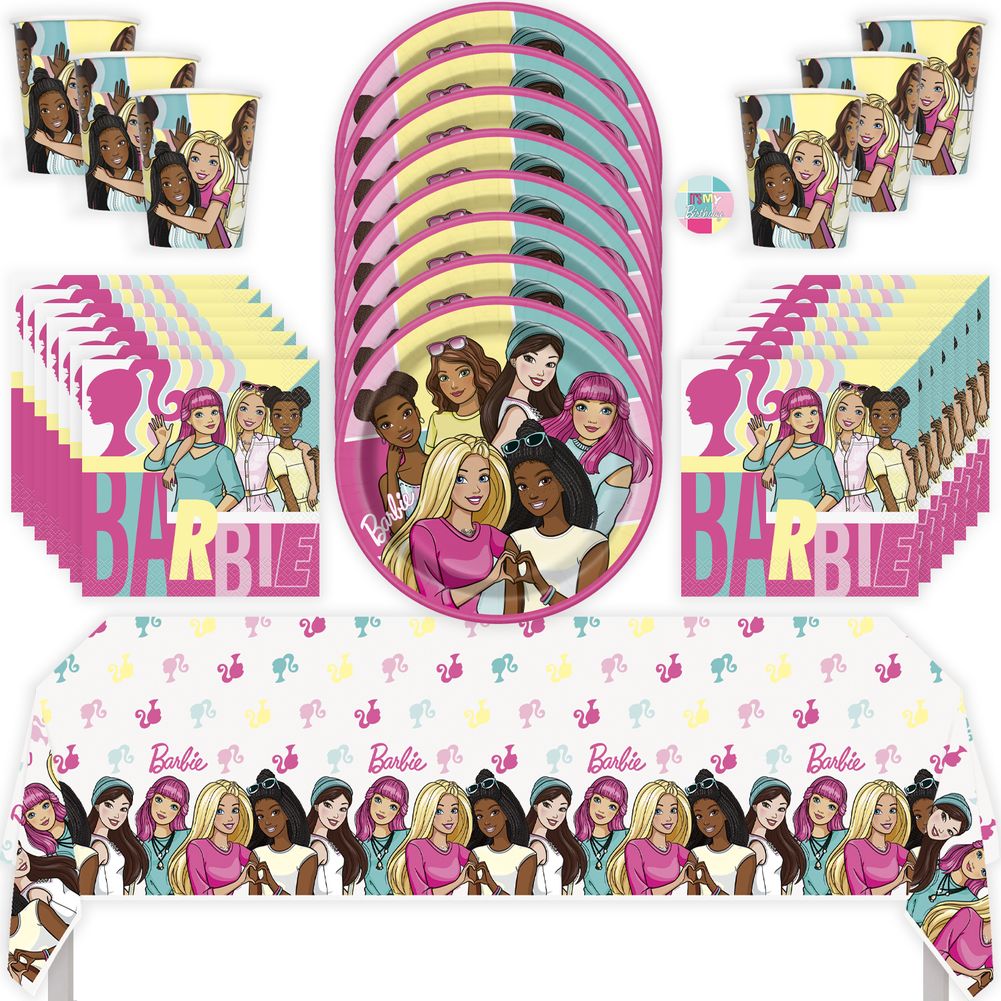 Barbie Birthday Party Kit with Tablecloth, Plates, Napkins, Cups, & Sticker