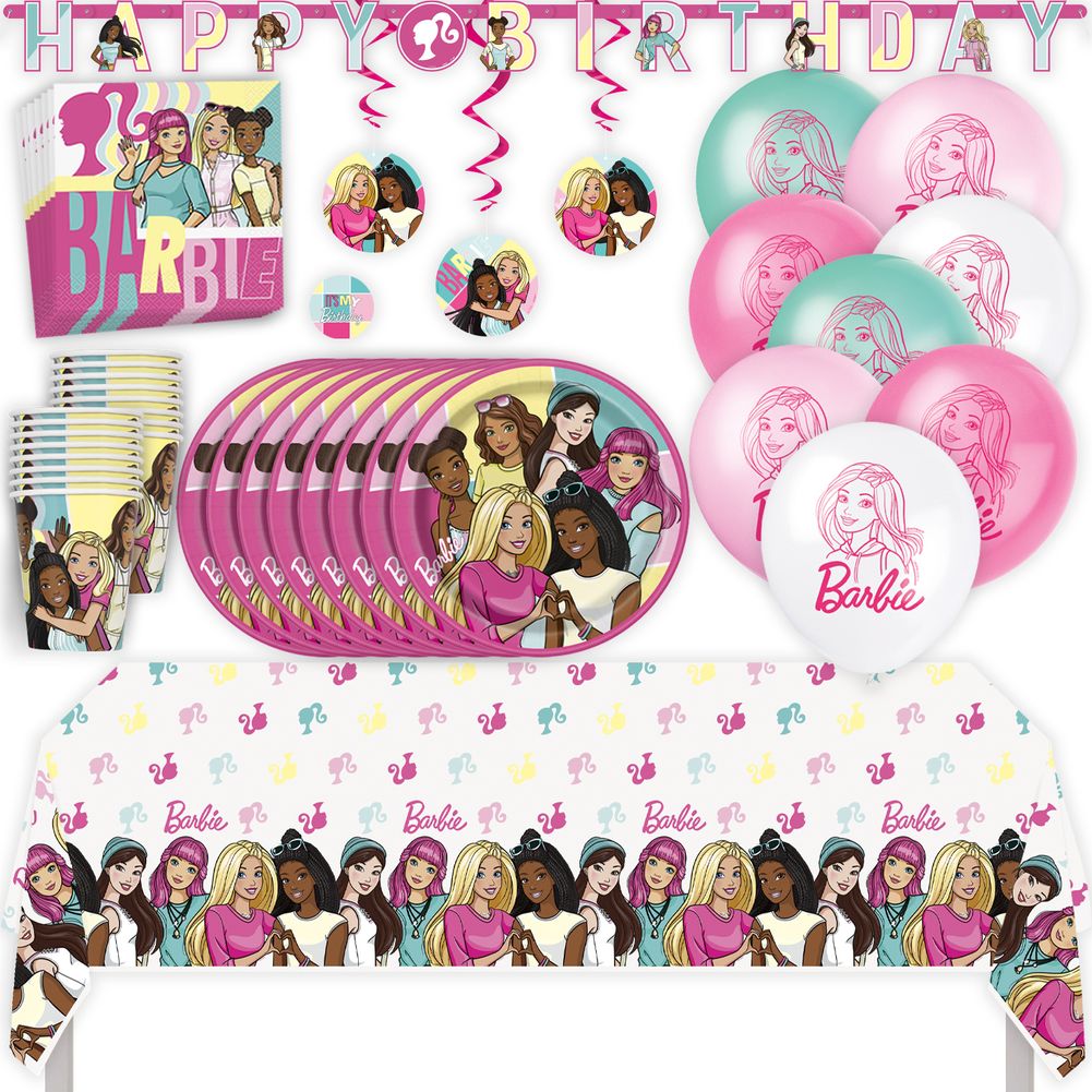 Barbie Birthday Party Kit with Tablecloth, Plates, Napkins, Cups, Balloons, Banner, Swirls, & Sticker