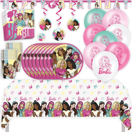 Barbie Birthday Party Kit for 16 – 9 Inch Plates, Napkins, Table Cover, Cups, Banner, Balloons and Swirl Decorations (61 pc)