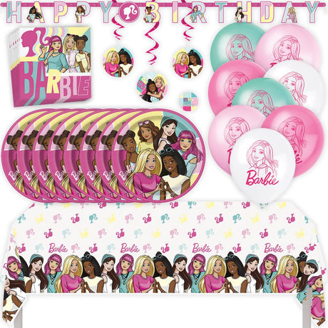 Barbie Birthday Party Kit for 16 – 9 Inch Plates, Napkins, Table Cover, Banner, Balloons and Swirl Decorations (45 pc)