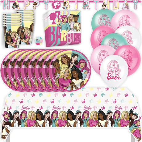 Barbie Birthday Party Kit for 16 – 9 Inch Plates, Napkins, Table Cover, Cups, Banner and Balloons (58 pc)