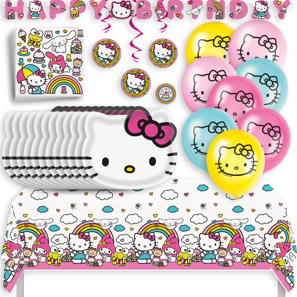 Hello Kitty Birthday Party Kit with Tablecloth, Plates, Napkins, Balloons, Banner, Swirls, & Sticker
