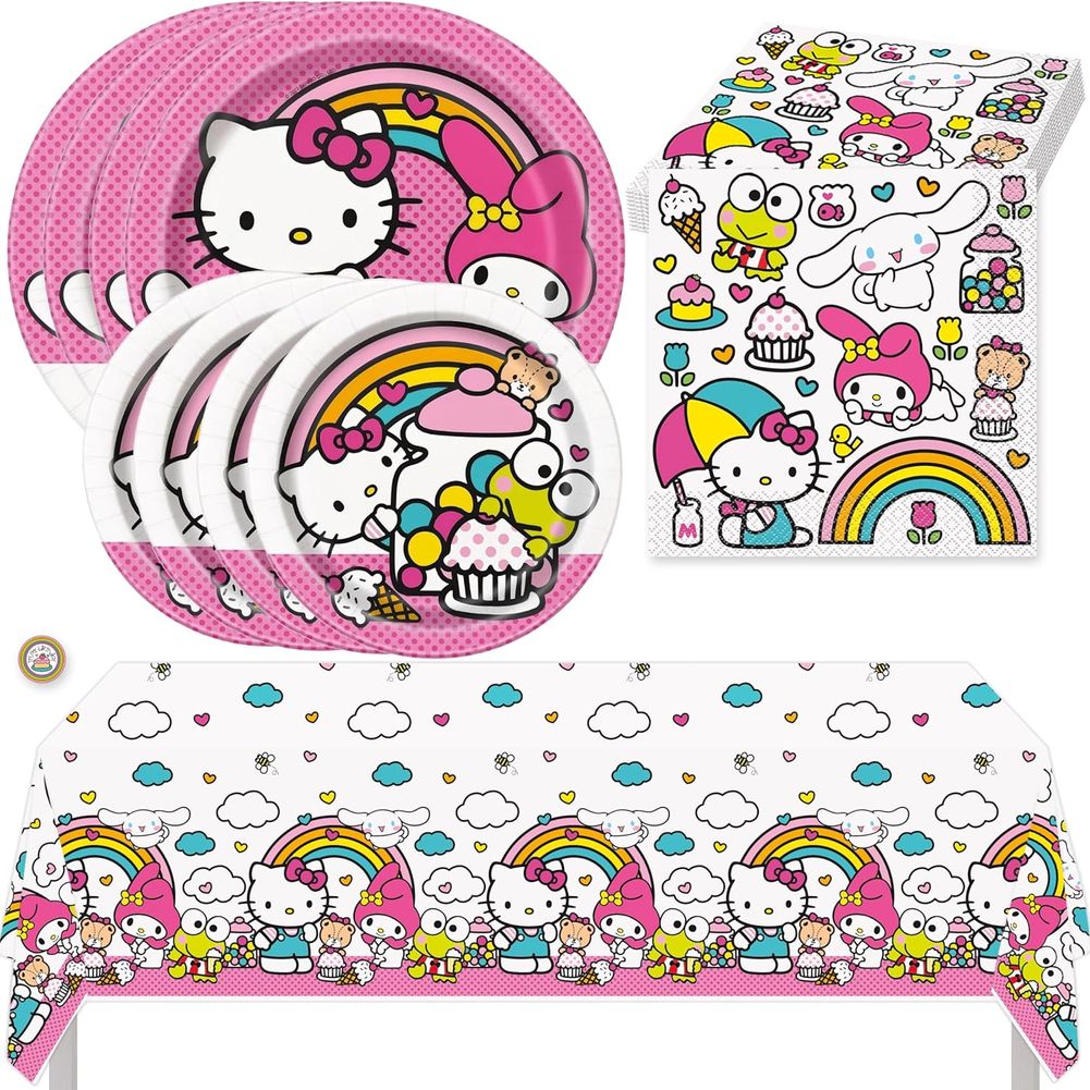 Hello Kitty Birthday Party Kit with Large Plates, Small Plates, Napkins, Tablecloth, & Sticker