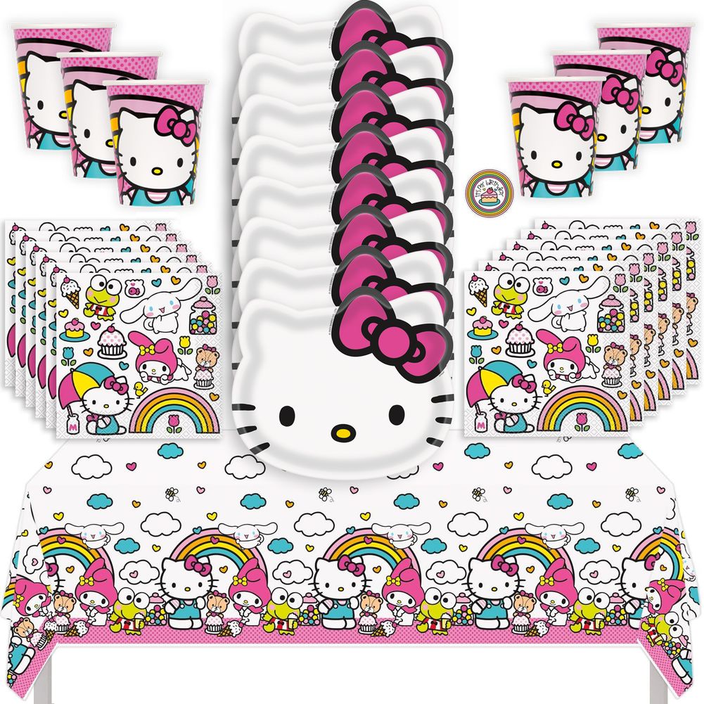Hello Kitty Birthday Party Kit with Tablecloth, Shaped Plates, Napkins, Cups & Sticker