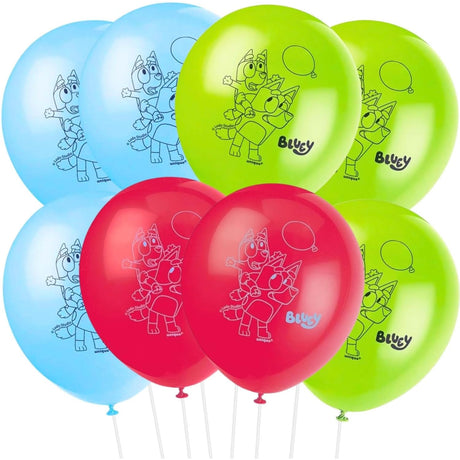 12" Bluey Latex Balloons (8ct) featuring colorful designs of Bluey characters, perfect for birthday parties and festive celebrations.