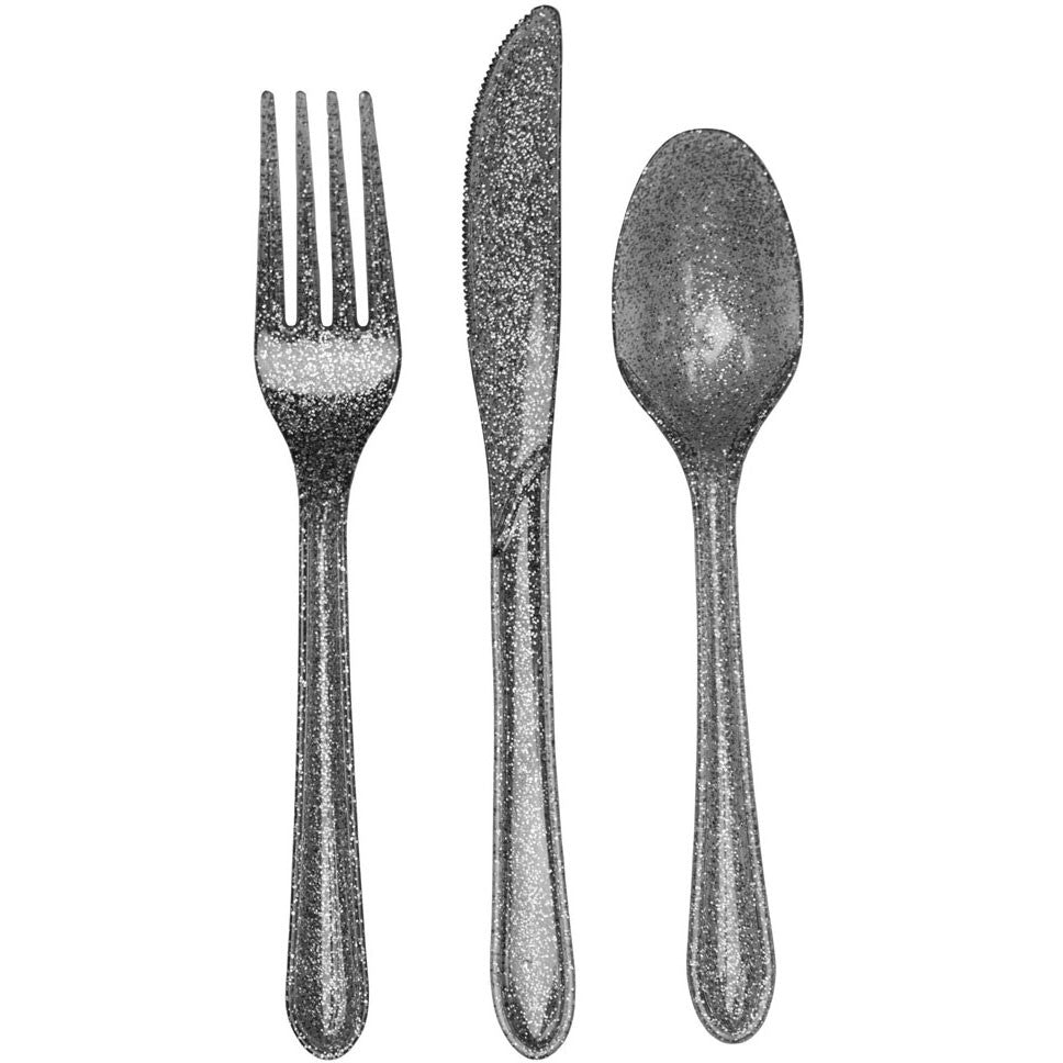 Glitz Silver Glitter Plastic Cutlery Assortment