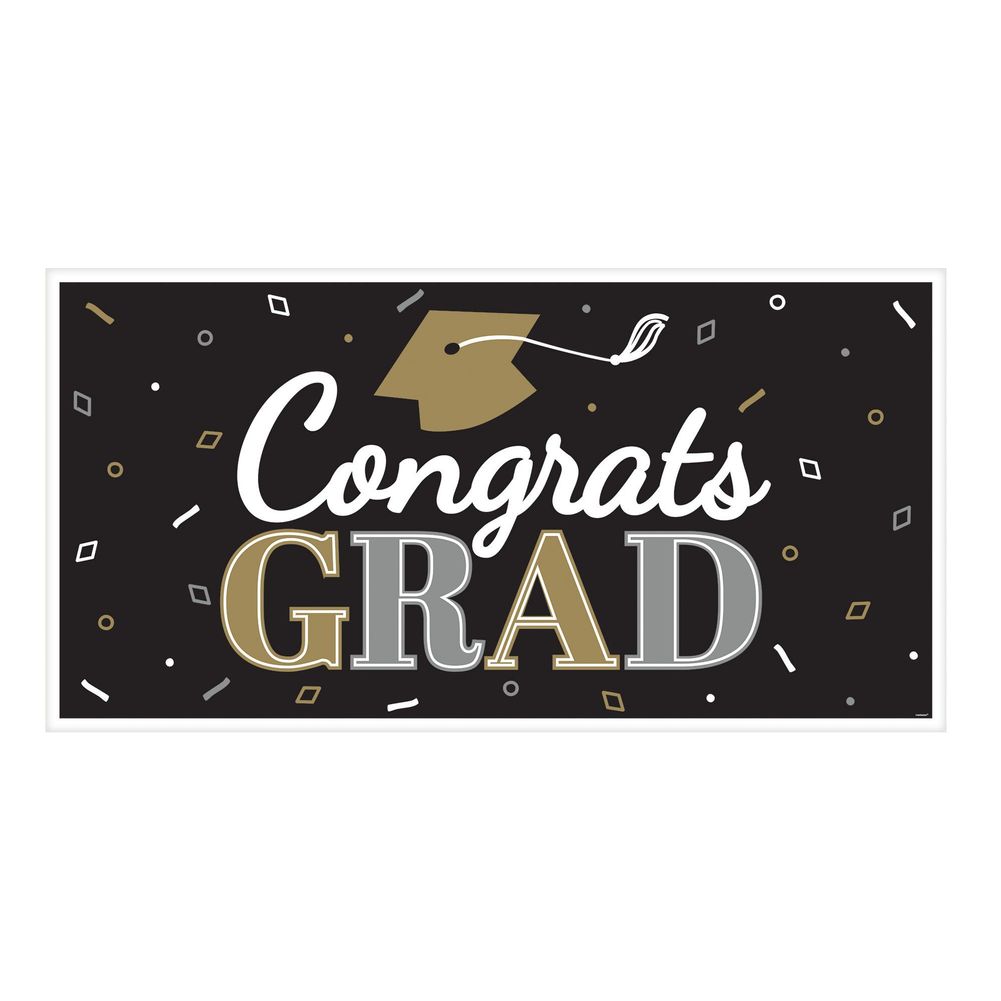 Black, Silver and Gold Congrats Grad Large Plastic Banner